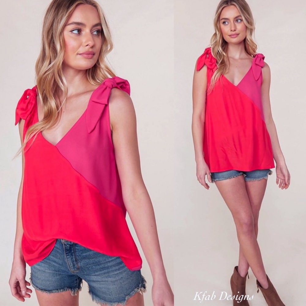 B67❤️💗Beautiful raspberry+red color-block camisole w/ties+perfect style💗❤️